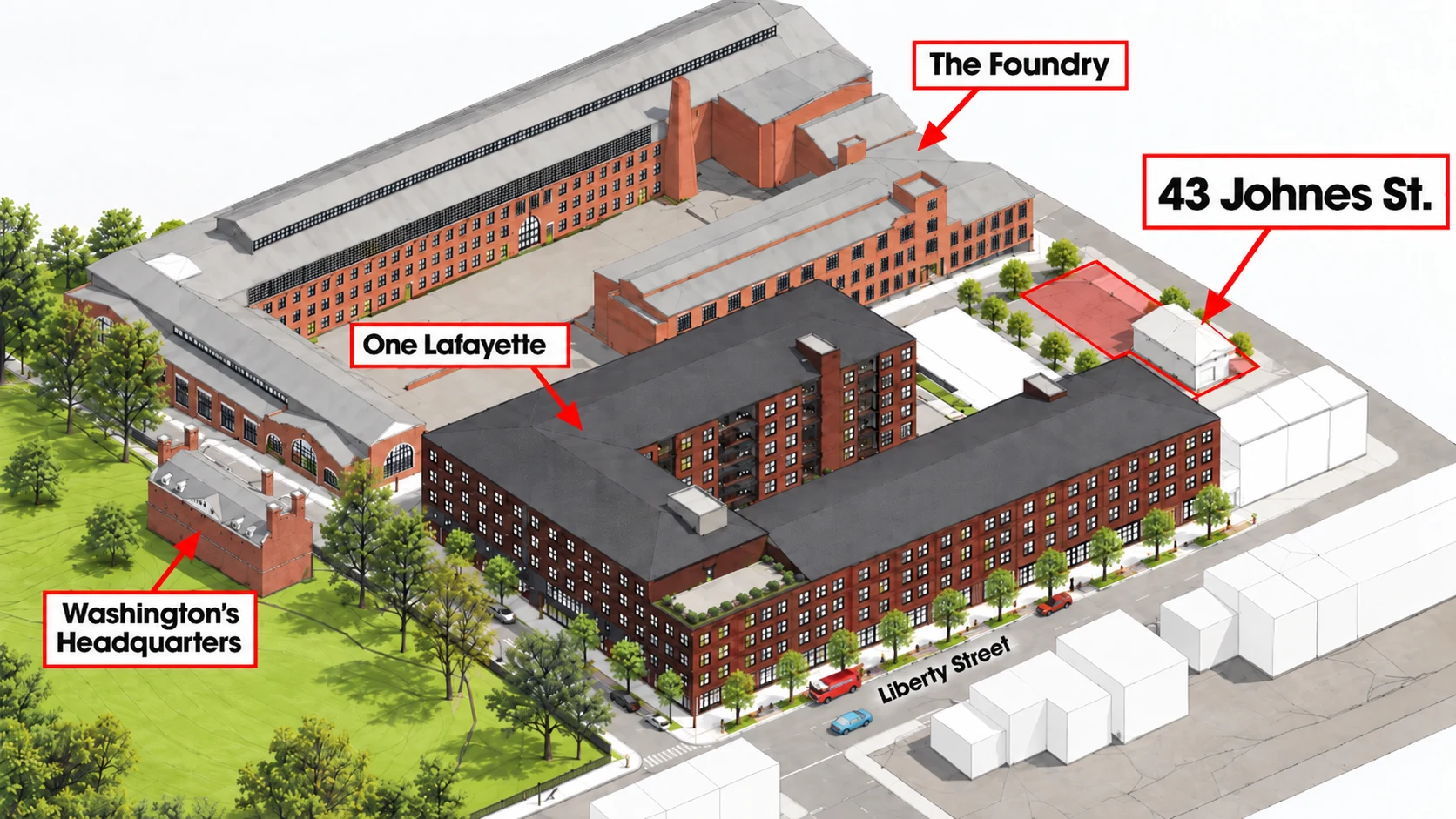 Illustrative neighborhood perspective locating 43 Johnes Street beside The Foundry and One Lafayette, near Washington’s Headquarters and Liberty Street.